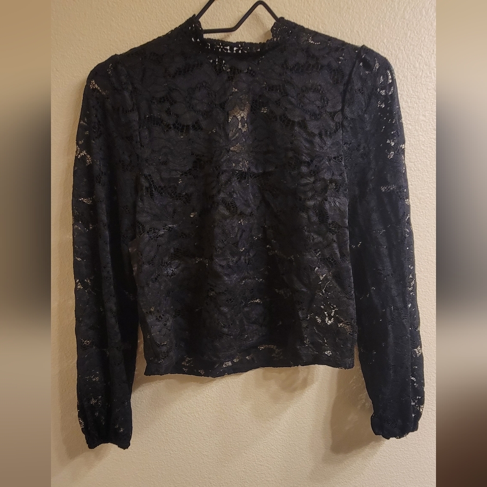 Elegant Black Lace Women's Top Sheer Movk Turtleneck